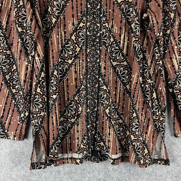 Bob Mackie Jersey Top Womens XL Brown Printed Sequins Button Front Stretch Artsy - Picture 13 of 16